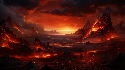 Rolgordijnen An image of an alien planet with fire and lava © aleena