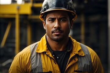 Obraz premium Portrait of black male in yellow uniform and helmet, construction worker, firefighter, background with copy space text 