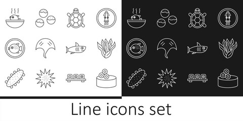 Set line Tin can with caviar, Seaweed, Turtle, Stingray, Puffer fish on plate, soup, Shark and Takoyaki icon. Vector