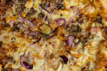 close-up of fresh and hot pizza using many ingredients