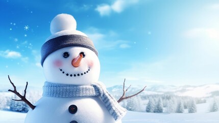 Obraz premium 雪だるまのアップ、余白・コピースペースのある冬の背景