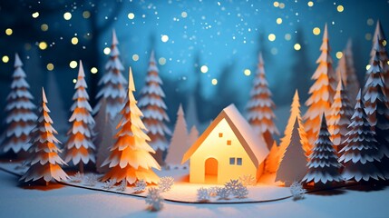 冬の背景、雪降る森の中の家のペーパークラフト - obrazy, fototapety, plakaty