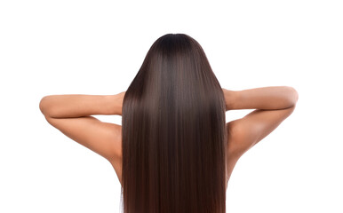 Hair styling. Woman with straight long hair on white background, back view