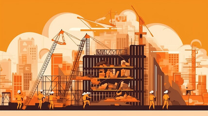 Labor Day. Vector illustration of builders, construction site, workers and work for poster