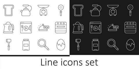 Set line Broken egg, Oven, Scales, Cooking live streaming, Electric kettle, Bread toast, Covered with tray of food and Kettle handle icon. Vector