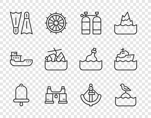 Set line Ship bell, Seagull sits on a buoy, Aqualung, Binoculars, Flippers for swimming, Sinking cruise ship, Anchor and Cruise icon. Vector