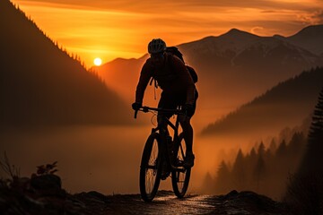 Silhouette of a traveler on a mountain bike in the orange light of the rising sun against the backdrop of a mountain landscape