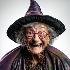 Elderly gray-haired woman in glasses, purple witch hat and outfit laughing on white background