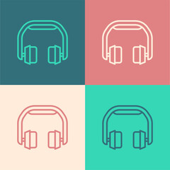 Pop art line Headphones icon isolated on color background. Earphones. Concept for listening to music, service, communication and operator. Vector