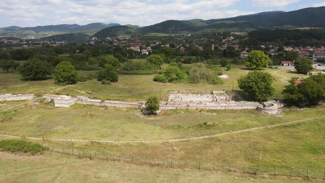 Aerial view of ruins of ancient Roman city Nicopolis ad Nestum near town of Garmen, Blagoevgrad Region, Bulgaria