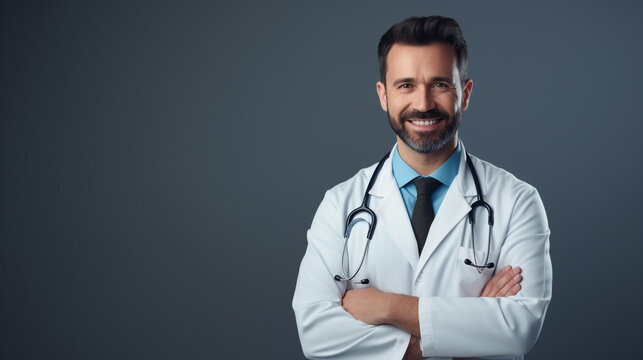 Healthcare, medical staff concept. Portrait of smiling male doctor posing with folded arms on grey studio background 