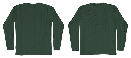 Blank Forest Green Long Sleeves T-Shirt Template Short Sleeves Front and Back Isolated