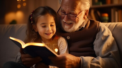 Cute little girl granddaughter reading book with positive senior grandfather