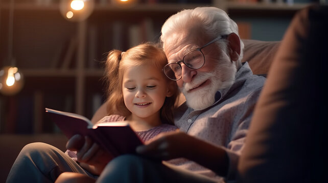 Cute little girl granddaughter reading book with positive senior grandfather