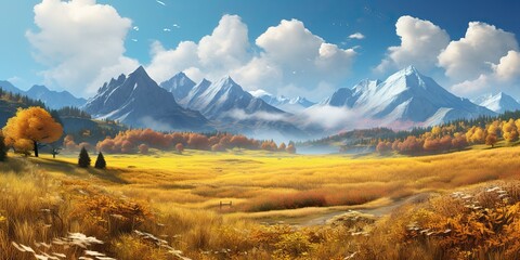 Obraz premium AI Generated. AI Generative. Nature outdoor fall autumn landscape background with mountains and field forest. Graphic Art