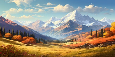 AI Generated. AI Generative. Nature outdoor fall autumn landscape background with mountains and field forest. Graphic Art - obrazy, fototapety, plakaty