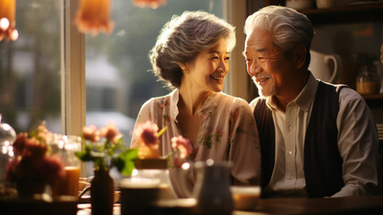 Happy bonding loving Asian middle aged senior retired couple standing near window.
