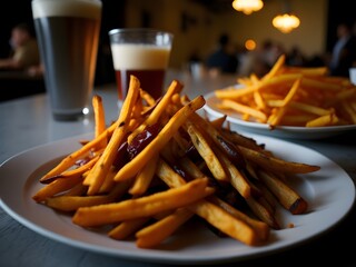A tempting combination of crispy French fries and a chilled glass of beer, showcased on a restaurant tabletop for a delightful dining experience