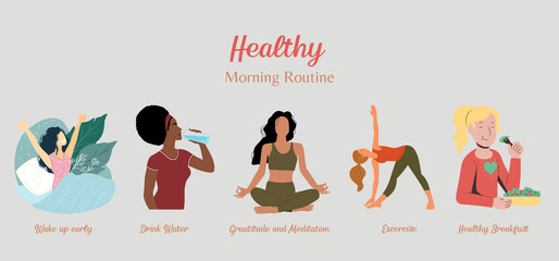 Healthy women morning routine background.Yoga and spa website banner.healthy morning guideline.