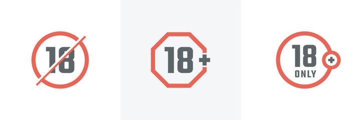18 plus vector icons set. Different style icons set.Number eighteen in red crossed circle. 18 plus icon page symbol for your web site design. Adult symbol trendy flat style. Vector illustration