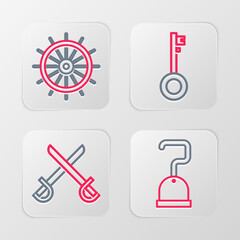 Set line Pirate hook, Crossed pirate swords, key and Ship steering wheel icon. Vector