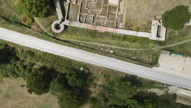 Aerial view of ruins of ancient Roman city Nicopolis ad Nestum near town of Garmen, Blagoevgrad Region, Bulgaria
