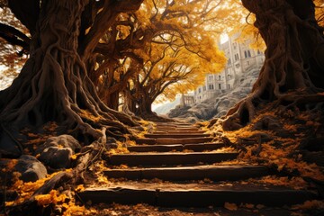 a stairs leading to a giant tree, Autumn, autumn tree, autumn leaves