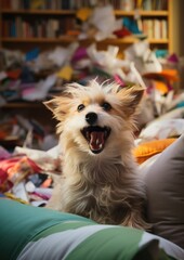 A cheerful dog happily wags its tail amid the mess and chaos it has created. Torn pillows are scattered around the room.