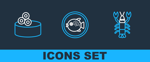 Set line Lobster, Tin can with caviar and Puffer fish on plate icon. Vector