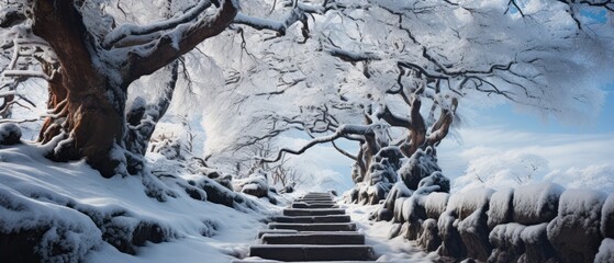 a stairs leading to a giant tree covered in snow, winter, fantasy scenery, generative ai