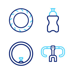 Set line Bicycle handlebar, wheel, Sport bottle with water and tire icon. Vector