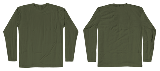 Blank Military Green Long Sleeves T-Shirt Template Short Sleeves Front and Back Isolated