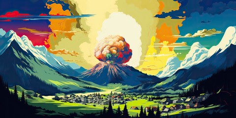 AI Generated. AI Generative. Mountain vulcano nuclear explosion boom nature outdoor landscape cartoon style. Graphic Art