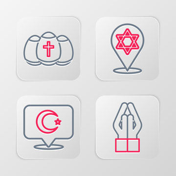 Set line Hands in praying position, Star crescent, of David and Easter egg icon. Vector