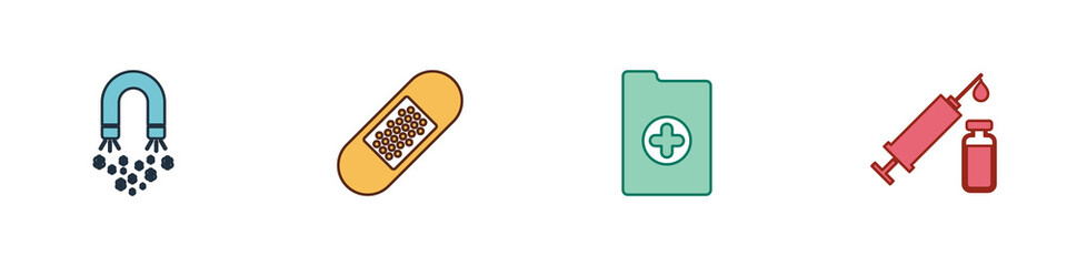 Fototapeta premium Set Magnet with money, Bandage plaster, Clinical record and Medical syringe vial icon. Vector