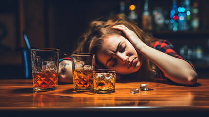 Alcohol addicted woman sleeping at the table Generative AI. - obrazy, fototapety, plakaty
