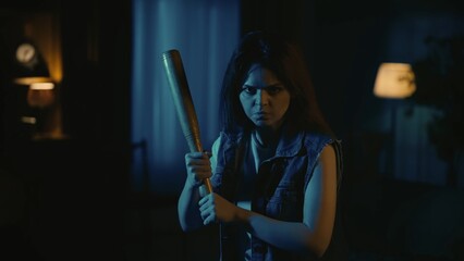 Girl with angry face looking at the camera holding baseball bat ready to fight, tense atmosphere. - Powered by Adobe
