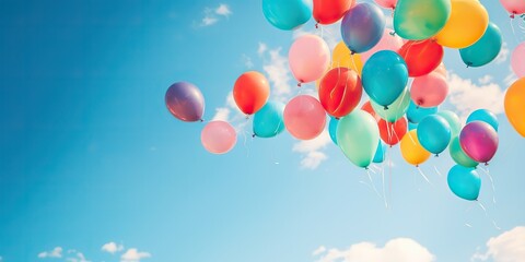 AI Generated. AI Generative. Many helium balloons balls in the blue sky flying background. Graphic Art