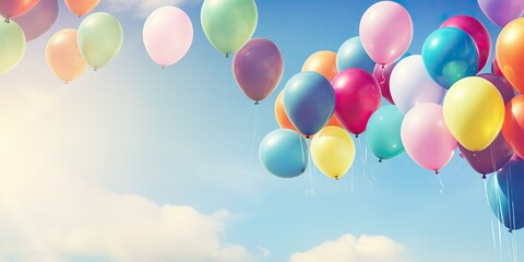AI Generated. AI Generative. Many helium balloons balls in the blue sky flying background. Celebration birthday holiday mock up template