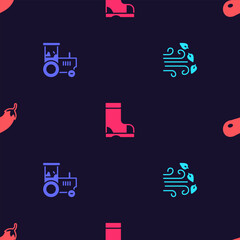 Set Windy weather, Tractor, Waterproof rubber boot and Eggplant on seamless pattern. Vector