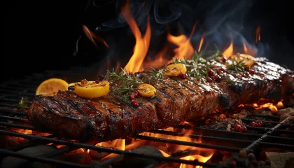 Foto op Aluminium Tasty grilled steak with rosemary and spices on fire, closeup © Afloatingdot