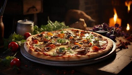 Delicious pizza with mushrooms and tomatoes on wooden table in dark room