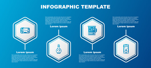 Set line Mobile and playing in game, Bottle with magic elixir, Slot machine and . Business infographic template. Vector