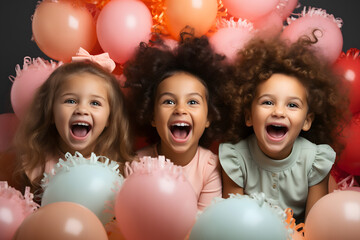 Fototapeta na wymiar children with gifts and balloons celebration birthday , colourful balloons background and birthday cake with candles 