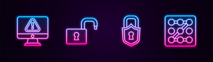 Set line Monitor with exclamation mark, Open padlock, Lock and Graphic password protection. Glowing neon icon. Vector