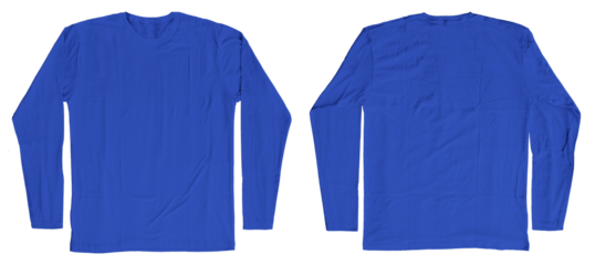Blank Royal Blue Long Sleeves T-Shirt Template Short Sleeves Front and Back Isolated
