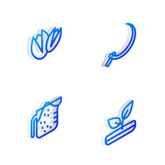Set Isometric line Sickle, Pistachio nuts, Measuring cup and Sprout icon. Vector