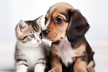 Portrait of very cute kitty and puppy side by side, AI generated