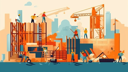 Labor Day. Vector illustration of builders, construction site, workers and work for poster.generative ai