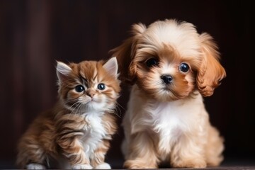Portrait of very cute kitty and puppy side by side, AI generated